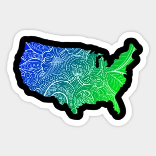 Colorful mandala art map of the United States of America in blue and green Sticker